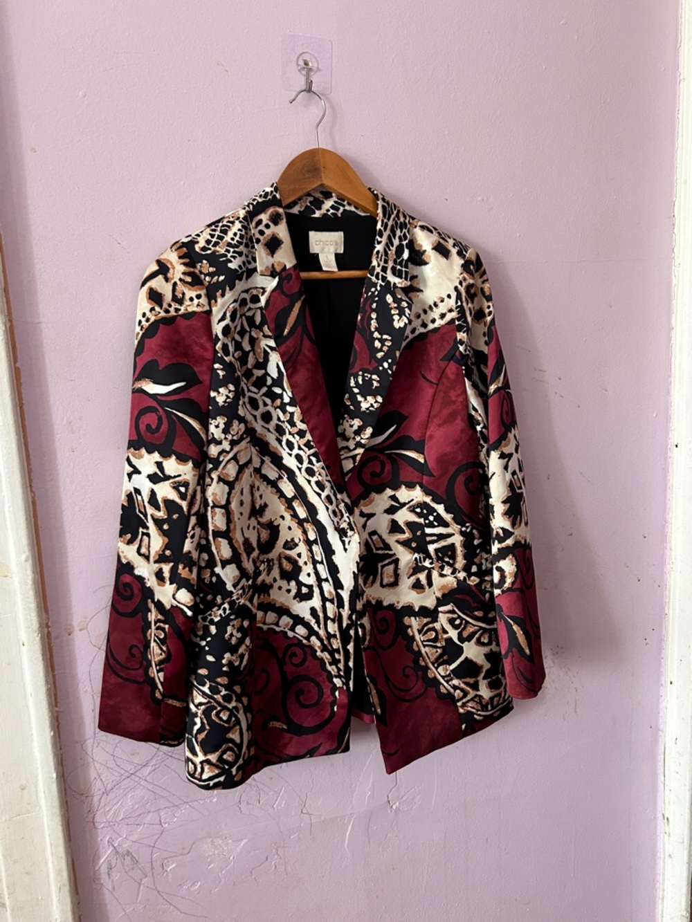 Chico's Maroon and Cream Abstract Pattern Blazer